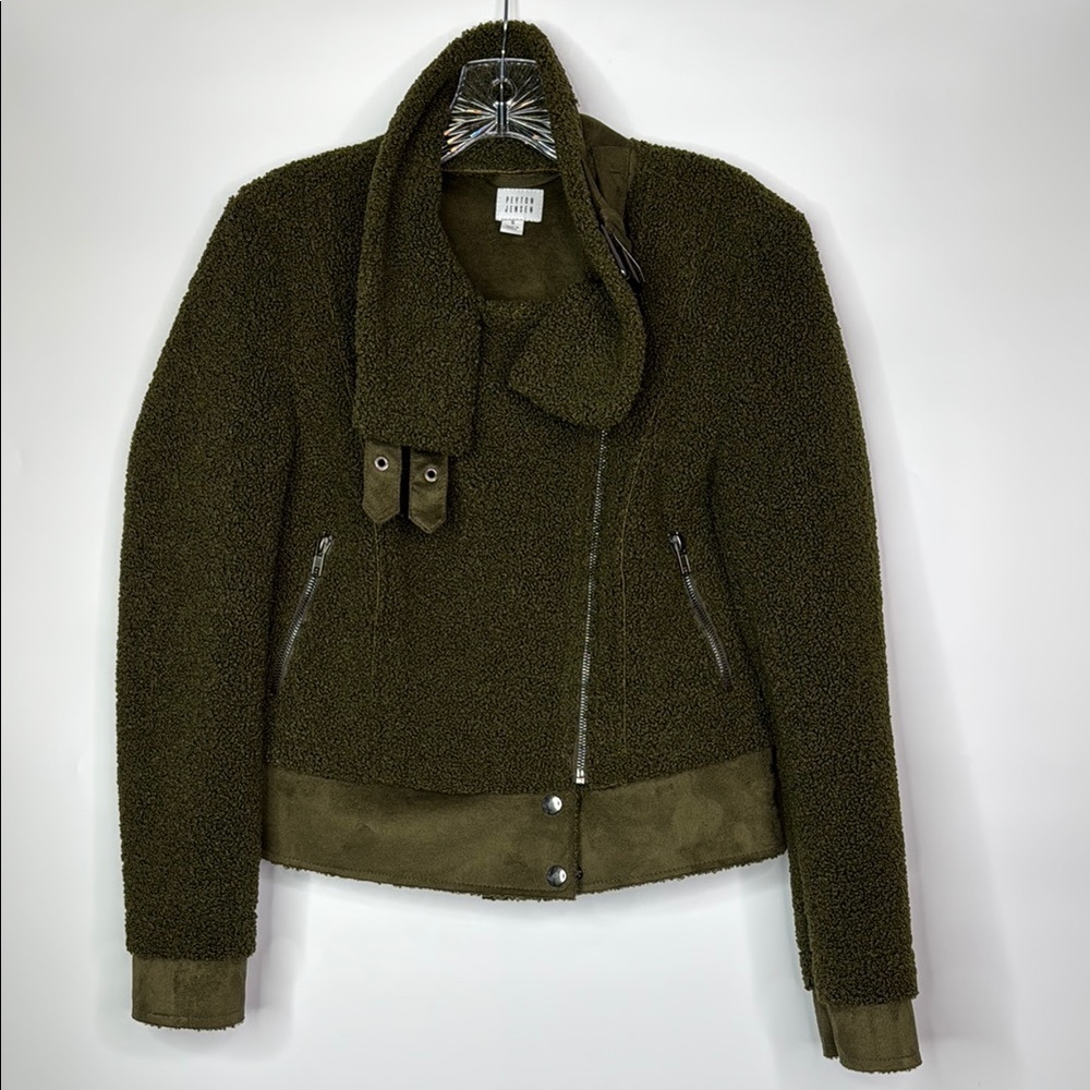 Peyton Jensen Olive Green Sherpa Faux Suede Moto Jacket Size Small
